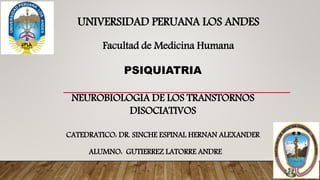 PSIQUIATRIA
ALUMNO: GUTIERREZ LATORRE ANDRE
UNIVERSIDAD PERUANA LOS ANDES
Facultad de Medicina Humana
NEUROBIOLOGIA DE LOS TRANSTORNOS
DISOCIATIVOS
CATEDRATICO: DR. SINCHE ESPINAL HERNAN ALEXANDER
 