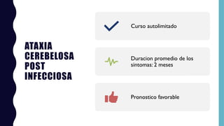 ATAXIA
CEREBELOSA
POST
INFECCIOSA
Curso autolimitado
Duracion promedio de los
sintomas: 2 meses
Pronostico favorable
 