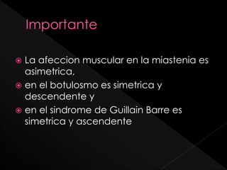 La afeccion muscular en la miastenia es
asimetrica,
 en el botulosmo es simetrica y
descendente y
 en el sindrome de Guillain Barre es
simetrica y ascendente


 
