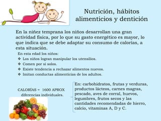 Nutrición, hábitos
alimenticios y dentición
En la niñez temprana los niños desarrollan una gran
actividad física, por lo que su gasto energético es mayor, lo
que indica que se debe adaptar su consumo de calorías, a
esta situación.
En esta edad los niños:
 Los niños logran manipular los utensilios.
 Comen por si solos.
 Existe tendencia a rechazar alimentos nuevos.
 Imitan conductas alimenticias de los adultos.
CALORÍAS = 1600 APROX
diferencias individuales.
En: carbohidratos, frutas y verduras,
productos lácteos, carnes magras,
pescado, aves de corral, huevos,
legumbres, frutos secos y las
cantidades recomendadas de hierro,
calcio, vitaminas A, D y C.
 
