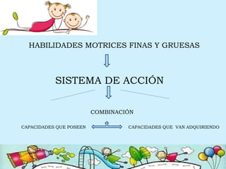 HABILIDADES MOTRICES FINAS Y GRUESAS
SISTEMA DE ACCIÓN
COMBINACIÓN
CAPACIDADES QUE POSEEN CAPACIDADES QUE VAN ADQUIRIENDO
 