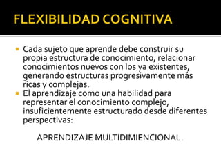    Cada sujeto que aprende debe construir su
    propia estructura de conocimiento, relacionar
    conocimientos nuevos con los ya existentes,
    generando estructuras progresivamente más
    ricas y complejas.
   El aprendizaje como una habilidad para
    representar el conocimiento complejo,
    insuficientemente estructurado desde diferentes
    perspectivas:
       APRENDIZAJE MULTIDIMIENCIONAL.
 