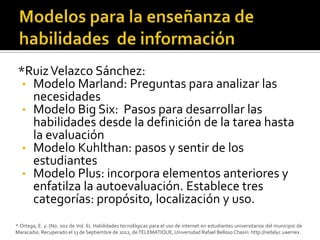 *Ruiz Velazco Sánchez:
  • Modelo Marland: Preguntas para analizar las
    necesidades
  • Modelo Big Six: Pasos para desarrollar las
    habilidades desde la definición de la tarea hasta
    la evaluación
  • Modelo Kuhlthan: pasos y sentir de los
    estudiantes
  • Modelo Plus: incorpora elementos anteriores y
    enfatilza la autoevaluación. Establece tres
    categorías: propósito, localización y uso.
* Ortega, E. y. (No. 002 de Vol. 6). Habilidades tecnológicas para el uso de internet en estudiantes universitarios del municipio de
Maracaibo. Recuperado el 13 de Septiembre de 2012, de TELEMATIQUE, Universidad Rafael Belloso Chasín: http://redalyc.uaemex.
 