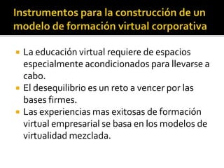    La educación virtual requiere de espacios
    especialmente acondicionados para llevarse a
    cabo.
   El desequilibrio es un reto a vencer por las
    bases firmes.
   Las experiencias mas exitosas de formación
    virtual empresarial se basa en los modelos de
    virtualidad mezclada.
 