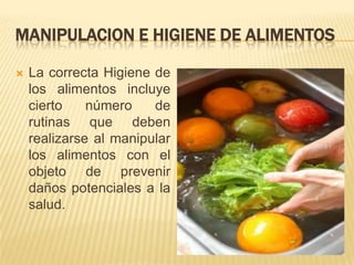 MANIPULACION E HIGIENE DE ALIMENTOS

   La correcta Higiene de
    los alimentos incluye
    cierto    número    de
    rutinas que deben
    realizarse al manipular
    los alimentos con el
    objeto de prevenir
    daños potenciales a la
    salud.
 