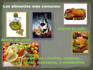 Los alimentos más comunes:
Aceite de oliva
Carne de pato
melón, las ciruelas, cerezas,
peras, manzanas, y membrillos
 