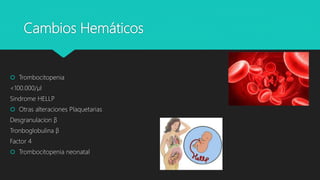 Cambios Hemáticos
 Trombocitopenia
<100.000/µl
Sindrome HELLP
 Otras alteraciones Plaquetarias
Desgranulacion β
Tronboglobulina β
Factor 4
 Trombocitopenia neonatal
 