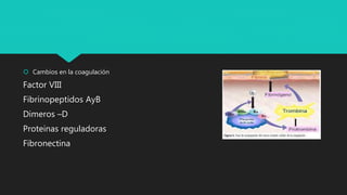  Cambios en la coagulación
Factor VIII
Fibrinopeptidos AyB
Dimeros –D
Proteinas reguladoras
Fibronectina
 