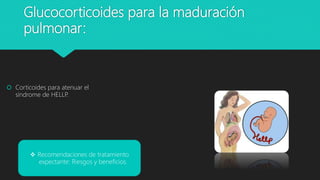Glucocorticoides para la maduración
pulmonar:
 Corticoides para atenuar el
síndrome de HELLP.
 Recomendaciones de tratamiento
expectante: Riesgos y beneficios.
 