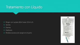 Tratamiento con Líquido
 Ringer con Lactato 60ml hasta 125ml c/h.
 Vomito
 Diarrea
 Diaforesis
 Perdida excesiva de sangre en el parto
 