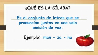 ¿QUÉ ES LA SÍLABA?
Es el conjunto de letras que se
pronuncian juntas en una sola
emisión de voz.
Ejemplo: man - za - na
 