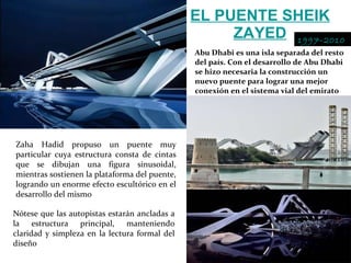 EL PUENTE SHEIK ZAYED Abu Dhabi es una isla separada del resto del país. Con el desarrollo de Abu Dhabi se hizo necesaria la construcción un nuevo puente para lograr una mejor conexión en el sistema vial del emirato Zaha Hadid propuso un puente muy particular cuya estructura consta de cintas que se dibujan una figura sinusoidal, mientras sostienen la plataforma del puente, logrando un enorme efecto escultórico en el desarrollo del mismo Nótese que las autopistas estarán ancladas a la estructura principal, manteniendo claridad y simpleza en la lectura formal del diseño 1997-2010  