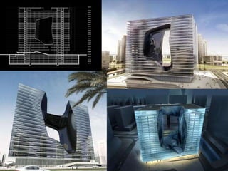 "OPUS"   Dubai Proyecto que refleja una Arquitectura escultural que resuelve perfectamente los requerimientos funcionales de los usuarios, es una torre comercial de alto nivel con uso de oficinas en la zona de la bahía comercial de Dubai, viene en esto la firma legítima del arte de Zaha En altísimo nivel constructivo En total el proyecto cuenta con más de 83.000 metros cuadrados distribuidos en 19 plantas con una altura de 93 metros. Un hueco perfora una de las dos torres del proyecto. Este hueco se ilumina de noche invirtiendo la volumetría del edificio con respecto al día. El vidrio ha sido diseñado específicamente para el proyecto y le proporcionara un juego de reflejos jamás concebido con anterioridad. 2007-2020  