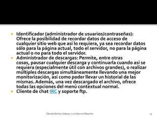 Identificador (administrador de usuarios/contraseñas): Ofrece la posibilidad de recordar datos de acceso de cualquier sitio web que así lo requiera, ya sea recordar datos sólo para la página actual, todo el servidor, no para la página actual o no para todo el servidor.Administrador de descargas: Permite, entre otras cosas, pausar cualquier descarga y continuarla cuando así se requiera (especialmente útil con archivos grandes), o realizar múltiples descargas simultáneamente llevando una mejor monitorización, así como poder llevar un historial de las mismas. Además, una vez descargado el archivo, ofrece todas las opciones del menú contextual normal.Cliente de chat IRC y soporte ftp.Glenda Muñoz Salazar, Luis Ibarra Villaseñor13
