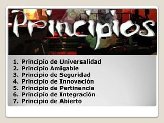 1.   Principio   de Universalidad
2.   Principio   Amigable
3.   Principio   de Seguridad
4.   Principio   de Innovación
5.   Principio   de Pertinencia
6.   Principio   de Integración
7.   Principio   de Abierto
 