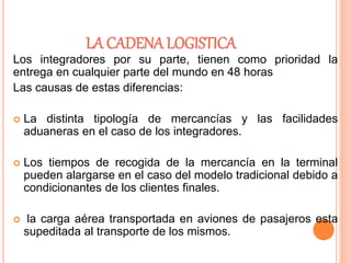 LA CADENA LOGISTICA
Los integradores por su parte, tienen como prioridad la
entrega en cualquier parte del mundo en 48 horas
Las causas de estas diferencias:
 La distinta tipología de mercancías y las facilidades
aduaneras en el caso de los integradores.
 Los tiempos de recogida de la mercancía en la terminal
pueden alargarse en el caso del modelo tradicional debido a
condicionantes de los clientes finales.
 la carga aérea transportada en aviones de pasajeros esta
supeditada al transporte de los mismos.
 