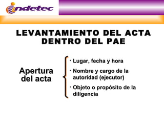 LEVANTAMIENTO DEL ACTA
    DENTRO DEL PAE

              Lugar, fecha y hora
Apertura      Nombre y cargo de la
del acta       autoridad (ejecutor)
              Objeto o propósito de la
               diligencia
 