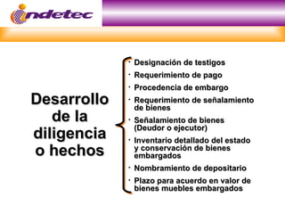    Designación de testigos
                Requerimiento de pago
                Procedencia de embargo
Desarrollo      Requerimiento de señalamiento
                 de bienes
   de la        Señalamiento de bienes
                 (Deudor o ejecutor)
diligencia      Inventario detallado del estado
o hechos         y conservación de bienes
                 embargados
                Nombramiento de depositario
                Plazo para acuerdo en valor de
                 bienes muebles embargados
 