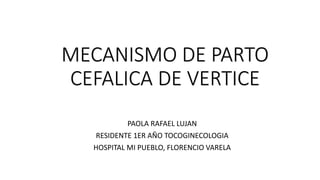 MECANISMO DE PARTO
CEFALICA DE VERTICE
PAOLA RAFAEL LUJAN
RESIDENTE 1ER AÑO TOCOGINECOLOGIA
HOSPITAL MI PUEBLO, FLORENCIO VARELA
 