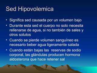Sed Hipovolemica Significa sed causada por un volumen bajo Durante esta sed el cuerpo no solo necesita rellenarse de agua, si no también de sales y otros solutos  Cuando se pierde volumen sanguíneo es necesario beber agua ligeramente salada Cuando están bajas las  reservas de sodio corporal, las glándulas producen hormona aldosterona que hace retener sal 