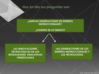 ¿NUEVAS GENERACIONES DE DISEÑOS
                   INSTRUCCIONALES?

                 ¿CUÁNTO ES LO NUEVO?




   LAS INNOVACIONES            LAS GENERACIONES DE LOS
 TECNOLÓGICAS EN LAS          DISEÑOS INSTRUCCIONALES Y
MODALIDADES EDUCATIVAS             LAS TECNOLOGÍAS
     VENEZOLANAS




                                                Dra. Marina Polo (2010
 