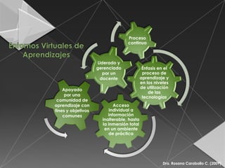 Proceso
                                  continuo



                    Liderado y
                    gerenciado           Énfasis en el
                       por un            proceso de
                     docente            aprendizaje y
                                        en los niveles
                                        de utilización
    Apoyado
                                            de las
     por una                             tecnologías
 comunidad de
aprendizaje con             Acceso
fines y objetivos         individual a
    comunes              información
                      inalterable, hasta
                      la inmersión total
                                Unidades
                       en un ambiente
                                didácticas
                         de práctica




                                                   Dra. Rosana Caraballo C. (2009)
 