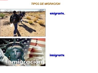 TIPOS DE MIGRACION emigrante.  inmigrante  