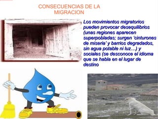 CONSECUENCIAS DE LA MIGRACION Los movimientos migratorios pueden provocar desequilibrios (unas regiones aparecen superpobladas; surgen ‘cinturones de miseria’ y barrios degradados, sin agua potable ni luz…) y sociales (se desconoce el idioma que se habla en el lugar de destino  