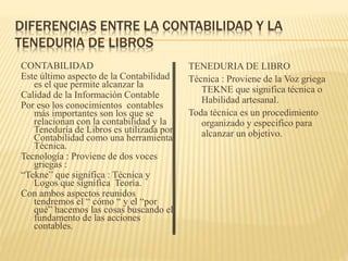DIFERENCIAS ENTRE LA CONTABILIDAD Y LA
TENEDURIA DE LIBROS
CONTABILIDAD
Este último aspecto de la Contabilidad
es el que permite alcanzar la
Calidad de la Información Contable
Por eso los conocimientos contables
más importantes son los que se
relacionan con la contabilidad y la
Teneduría de Libros es utilizada por
Contabilidad como una herramienta
Técnica.
Tecnología : Proviene de dos voces
griegas :
“Tekne” que significa : Técnica y
Logos que significa Teoría.
Con ambos aspectos reunidos
tendremos el “ cómo “ y el “por
qué” hacemos las cosas buscando el
fundamento de las acciones
contables.
TENEDURIA DE LIBRO
Técnica : Proviene de la Voz griega
TEKNE que significa técnica o
Habilidad artesanal.
Toda técnica es un procedimiento
organizado y especifico para
alcanzar un objetivo.
 