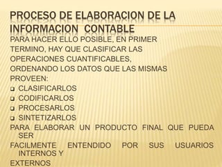 PROCESO DE ELABORACION DE LA
INFORMACION CONTABLE
PARA HACER ELLO POSIBLE, EN PRIMER
TERMINO, HAY QUE CLASIFICAR LAS
OPERACIONES CUANTIFICABLES,
ORDENANDO LOS DATOS QUE LAS MISMAS
PROVEEN:
 CLASIFICARLOS
 CODIFICARLOS
 PROCESARLOS
 SINTETIZARLOS
PARA ELABORAR UN PRODUCTO FINAL QUE PUEDA
SER
FACILMENTE ENTENDIDO POR SUS USUARIOS
INTERNOS Y
EXTERNOS
 