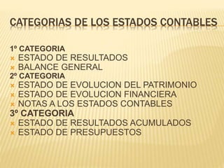 CATEGORIAS DE LOS ESTADOS CONTABLES
1º CATEGORIA
 ESTADO DE RESULTADOS
 BALANCE GENERAL
2º CATEGORIA
 ESTADO DE EVOLUCION DEL PATRIMONIO
 ESTADO DE EVOLUCION FINANCIERA
 NOTAS A LOS ESTADOS CONTABLES
3º CATEGORIA
 ESTADO DE RESULTADOS ACUMULADOS
 ESTADO DE PRESUPUESTOS
 
