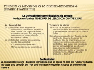PRINCIPIO DE EXPOSICION DE LA INFORMACION CONTABLE
(ESTADOS FINANCIEROS)
La Contabilidad
La contabilidad es el lenguaje de
información cuantitativa especifica
que utilizan las organizaciones
modernas de todo tipo, tengan o no
fines de lucro , sean privadas ,
estatales o mixtas.
La contabilidad necesita ser analizada
desde dos aspectos :
1. Como disciplina de estudio
2. Como un sistema de información
Teneduría de Libros
Se ocupa de aspectos contables
mecánicos de la aplicación automática
y generalmente rutinaria de la “partida
doble” .
Solo abarca una parte muy fragmentada
dentro del Sistema Contable de
cualquier tipo de organización , no
requiere de grandes conocimientos
contables , que puede ser ejecutada
por las computadoras que tienen
capacidad de automatización ,
acumulación de datos y velocidad de
procesamiento . Responde a la
pregunta ¿ Como ?
La Contabilidad como disciplina de estudio
No debe confundirse TENEDURIA DE LIBROS CON CONTABILIDAD
Contabilidad
La contabilidad es una disciplina tecnológica que se ocupa no solo del “Cómo” se hacen
las cosas sino también del “Por qué” se hacen o deberían hacerse de determinada
manera.
 