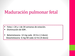  Fetos > 24 y < de 34 semanas de estación.
 Disminución de SDR .
 Betametasona 12 mg cada 24 hrs ( 2 dosis)
Dexametasona 6 mg IM cada 12 hrs (4 dosis)
Maduración pulmonar fetal
 