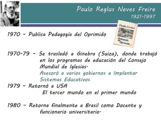 Paulo Reglus Neves Freire
                                             1921-1997


1970 – Publica Pedagogía del Oprimido

...