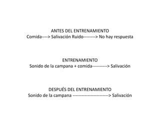 ANTES DEL ENTRENAMIENTO
Comida----> Salivación Ruido--------> No hay respuesta
ENTRENAMIENTO
Sonido de la campana + comida----------> Salivación
DESPUÉS DEL ENTRENAMIENTO
Sonido de la campana ------------------------> Salivación
 