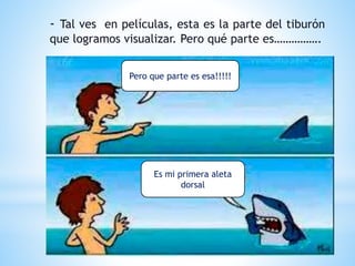 - Tal ves en películas, esta es la parte del tiburón
que logramos visualizar. Pero qué parte es…………….
Pero que parte es esa!!!!!
Es mi primera aleta
dorsal
 