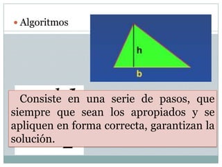 Algoritmos Consiste en una serie de pasos, que siempre que sean los apropiados y se apliquen en forma correcta, garantizan la solución.
