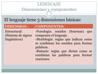 LENGUAJEDimensiones y componentesEl lenguaje tiene 3 dimensiones básicas: 