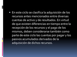  En este ciclo se clasifica la adquisición de los

recursos antes mencionados entre diversas
cuentas de activo y de resultados. En virtud
de que existen diferencias en tiempo entre la
recepción de los recursos y el pago de los
mismos, deben considerarse también como
parte de este ciclo las cuentas por pagar y los
pasivos acumulados derivados de la
adquisición de dichos recursos.

 