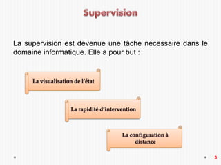 La supervision est devenue une tâche nécessaire dans le
domaine informatique. Elle a pour but :
3
 