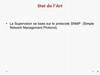 • La Supervision se base sur le protocole SNMP (Simple
Network Management Protocol).
9
 