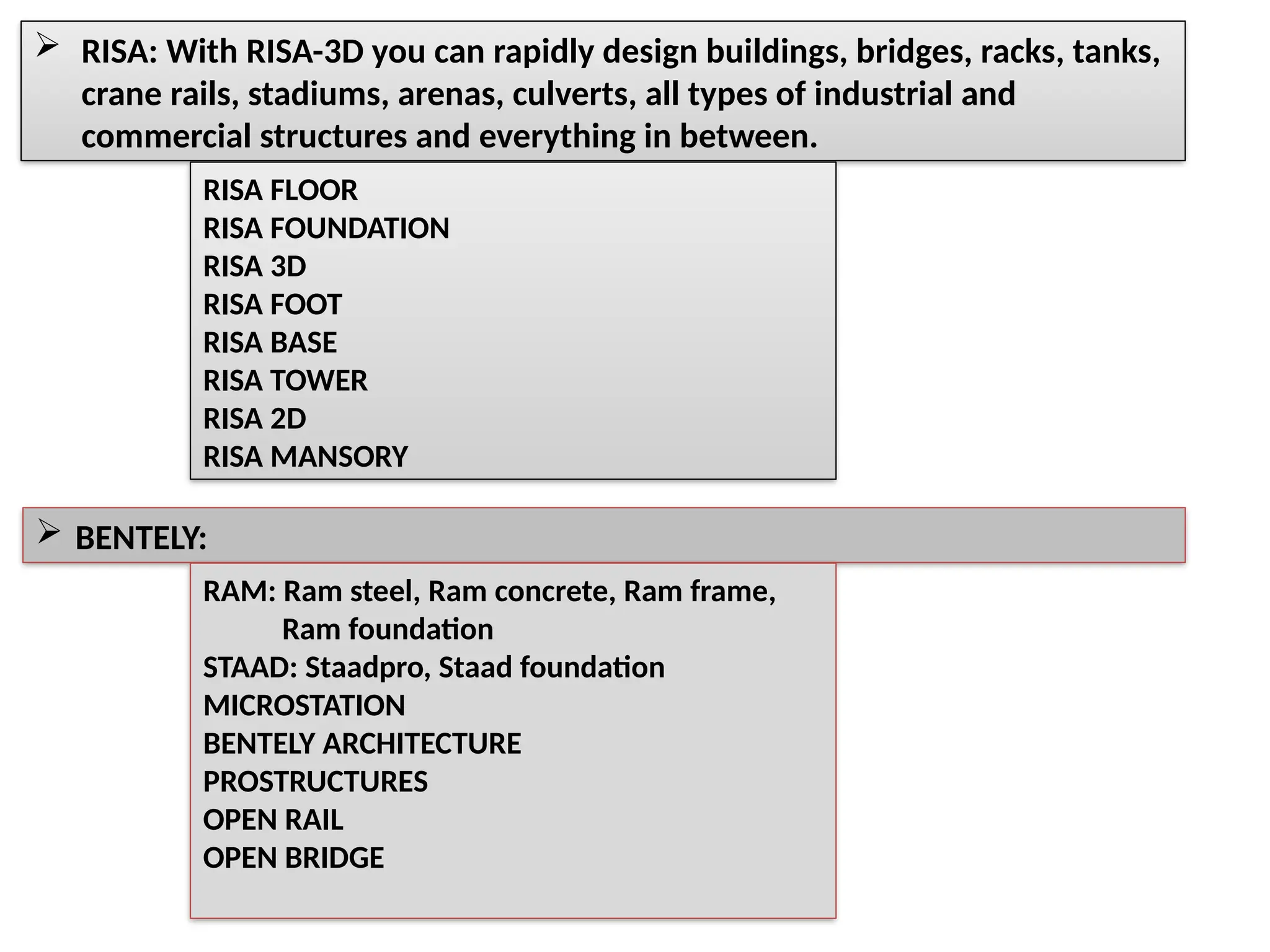  RISA: With RISA-3D you can rapidly design buildings, bridges, racks, tanks,
crane rails, stadiums, arenas, culverts, all types of industrial and
commercial structures and everything in between.
RISA FLOOR
RISA FOUNDATION
RISA 3D
RISA FOOT
RISA BASE
RISA TOWER
RISA 2D
RISA MANSORY
 BENTELY:
RAM: Ram steel, Ram concrete, Ram frame,
Ram foundation
STAAD: Staadpro, Staad foundation
MICROSTATION
BENTELY ARCHITECTURE
PROSTRUCTURES
OPEN RAIL
OPEN BRIDGE
 