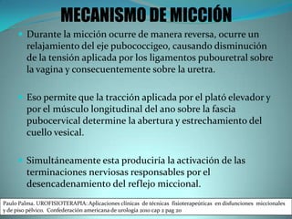  Durante la micción ocurre de manera reversa, ocurre un
relajamiento del eje pubococcigeo, causando disminución
de la tensión aplicada por los ligamentos pubouretral sobre
la vagina y consecuentemente sobre la uretra.
 Eso permite que la tracción aplicada por el plató elevador y
por el músculo longitudinal del ano sobre la fascia
pubocervical determine la abertura y estrechamiento del
cuello vesical.
 Simultáneamente esta produciría la activación de las
terminaciones nerviosas responsables por el
desencadenamiento del reflejo miccional.
MECANISMO DE MICCIÓN
Paulo Palma. UROFISIOTERAPIA: Aplicaciones clínicas de técnicas fisioterapeúticas en disfunciones miccionales
y de piso pélvico. Confederación americana de urología 2010 cap 2 pag 20
 