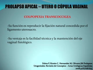 PROLAPSO APICAL – UTERO O CÚPULA VAGINAL
COLPOPEXIA TRANSCOCCIGEA
-Su función es reproducir la fijación natural concedida por el
ligamento uterosacro.
-Su ventaja es la facilidad técnica y la mantención del eje
vaginal fisiológico.
Palma P, Ricetto C, Hernandez M, Olivares JM Prolapsos
Urogenitales: Revisión de Conceptos – Actas Urológicas Españolas
2008;32(6):618-623
 
