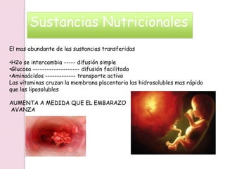 Sustancias Nutricionales
El mas abundante de las sustancias transferidas
•H2o se intercambia ----- difusión simple
•Glucosa -------------------- difusión facilitada
•Aminoácidos ------------- transporte activo
Las vitaminas cruzan la membrana placentaria las hidrosolubles mas rápido
que las liposolubles
AUMENTA A MEDIDA QUE EL EMBARAZO
AVANZA
 