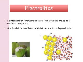 Electrolitos
• Se intercambian libremente en cantidades notables a través de la
membrana placentaria
• Si le le administran a la madre vía intravenosa tbn le llegan al feto
 