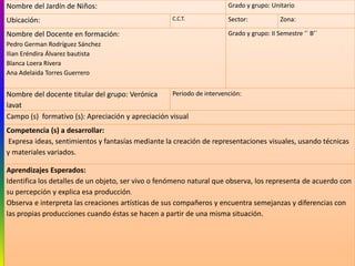 Nombre del Jardín de Niños: Grado y grupo: Unitario
Ubicación: C.C.T. Sector: Zona:
Nombre del Docente en formación:
Pedro German Rodríguez Sánchez
Ilian Eréndira Álvarez bautista
Blanca Loera Rivera
Ana Adelaida Torres Guerrero
Grado y grupo: II Semestre ‘´ B’´
Nombre del docente titular del grupo: Verónica
lavat
Periodo de intervención:
Campo (s) formativo (s): Apreciación y apreciación visual
Competencia (s) a desarrollar:
Expresa ideas, sentimientos y fantasías mediante la creación de representaciones visuales, usando técnicas
y materiales variados.
Aprendizajes Esperados:
Identifica los detalles de un objeto, ser vivo o fenómeno natural que observa, los representa de acuerdo con
su percepción y explica esa producción.
Observa e interpreta las creaciones artísticas de sus compañeros y encuentra semejanzas y diferencias con
las propias producciones cuando éstas se hacen a partir de una misma situación.
 