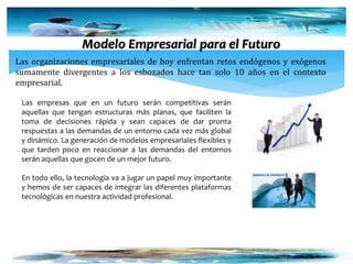 Modelo Empresarial para el Futuro
Las organizaciones empresariales de hoy enfrentan retos endógenos y exógenos
sumamente divergentes a los esbozados hace tan solo 10 años en el contexto
empresarial.
Las empresas que en un futuro serán competitivas serán
aquellas que tengan estructuras más planas, que faciliten la
toma de decisiones rápida y sean capaces de dar pronta
respuestas a las demandas de un entorno cada vez más global
y dinámico. La generación de modelos empresariales flexibles y
que tarden poco en reaccionar a las demandas del entornos
serán aquellas que gocen de un mejor futuro.
En todo ello, la tecnología va a jugar un papel muy importante
y hemos de ser capaces de integrar las diferentes plataformas
tecnológicas en nuestra actividad profesional.
 