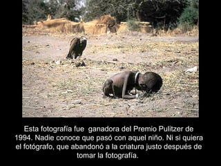 Esta fotografía fue  ganadora del Premio Pulitzer de 1994. Nadie conoce que pasó con aquel niño. Ni si quiera el fotógrafo, que abandonó a la criatura justo después de tomar la fotografía.  