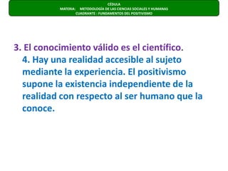 3. El conocimiento válido es el científico.4. Hay una realidad accesible al sujeto mediante la experiencia. El positivismo supone la existencia independiente de la realidad con respecto al ser humano que la conoce.CÉDULA  MATERIA:     METODOLOGÍA DE LAS CIENCIAS SOCIALES Y HUMANAS                      CUADRANTE : FUNDAMENTOS DEL POSITIVISMO